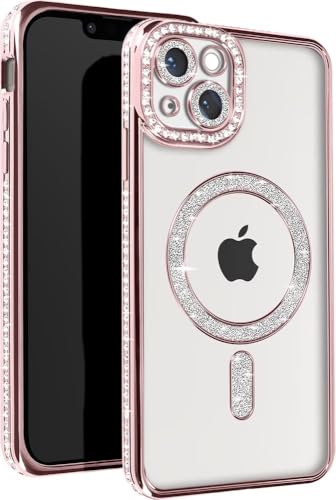 Image of Elzzi Compatible with (iPhone 15 Plus Case) Clear Luxury Diamond Glitter Case |Camera Lens Protector with Glitter Ring | Premium Shockproof Glossy Shiny Back Cover Case for Girls Women -Pink