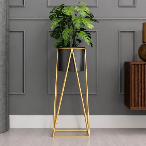 Image of LIBAN Modern, Stylish Metal Planter with Stand for Indoor & Outdoor Plants | Luxury Heavy Duty Tall Plant Flower Pot for Living Room, Balcony, Garden | Decorative Floor Flower Pot (Set of 1) (Black)