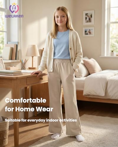 Image of WELAKEN Girls Sweatpants for Casual & Athletic - Kids Flared Pants Bell-Bottom Trousers with Pockets