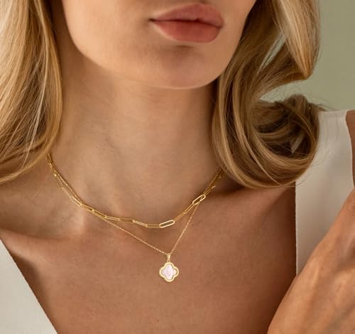 Clover Necklace for Women - 14K Gold Plated Mother of Pearl Four Leaf CZ Pendant Necklace Lucky Charm Jewelry Gifts for Women4