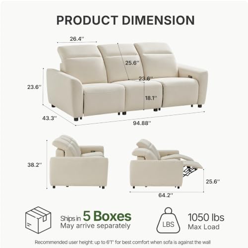 Image of Marsail 95 inch Power Recliner Sofa, Zero Gravity Reclining Sofa with Charging Ports, Adjustable Headrest, 3-Seater Modern Zero Wall Hugger Reclining Couches for Living Room, Pet-Friendly Fabric, Beige