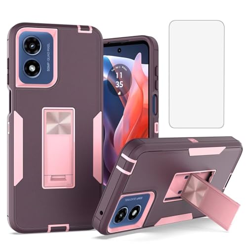 Tothedu Phone Case for Moto G Play 2024 4G Case, Moto G Play Gen 3 Case with Tempered Glass Screen Protector, Magnetic Bulit in Kickstand Shockproof Cover for Motorola Moto G Play 2024 4G Purple Pink