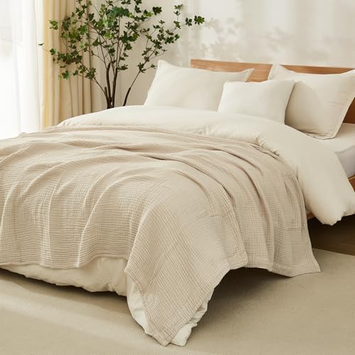 EMME Cotton Muslin Blanket Twin XL - 66"x90" Lightweight Breathable Light Tan Layering Bedspread Coverlet All Season Gauze