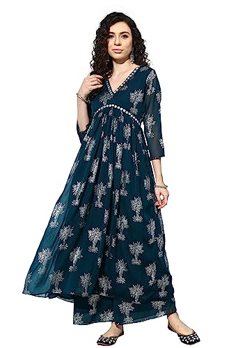 Image of LYMI LABEL Kurta Palazzo Set For Women - Poly Georgette Foil Printed Regular Fit A-Line Kurta Palazzo Set For Women