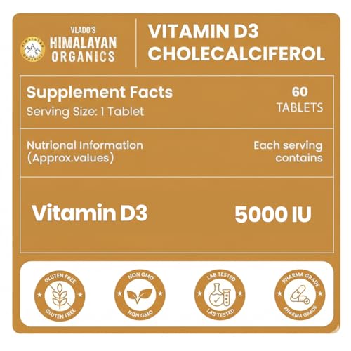 Image of Vlado's Himalayan Organics Vitamin D3 5000IU - Chewable Vitamin D Tablets | Cholecalciferol Vitamin D3 Supplement for Bone & Immunity | For Men And Women | Orange Flavour - 60 Tablets