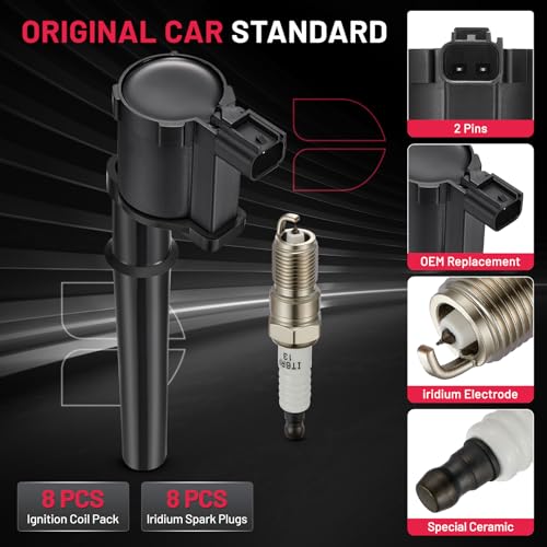 Image of BDFHYK Ignition Coil Pack UF191 and Iridium Spark Plugs SP493 Compatible with Ford GT Mustang 2001-2004 Lincoln Navigator Aviator Continental Mark VIII Avanti Mercury Marauder 4.6L 5.4L V8 Set of 8