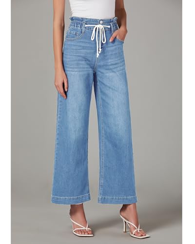 LookbookStore Womens Jeans Wide Leg High Waisted Trendy Elastic Wasit Drawstring Stretch Denim Pants Baggy Trouser Jeans4
