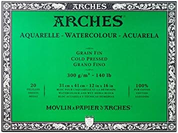 Arches Watercolor Block 12x16-inch Natural White 100% Cotton Paper - 20 Sheets of Arches Watercolor Paper 140 lb Cold Press - Arches Art Paper for Watercolor Gouache Ink Acrylic and More