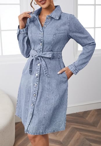 Image of Denim Dress for Women Button Down Casual Long Sleeve A-Line Belted Midi Jean Dresses with Pockets