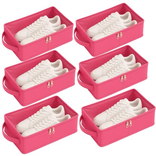 Image of Under Bed Shoe Storage Organizer Box with Clear Zippered Cover | Pink Rexine Shoe Bags for Travel & Closet | Foldable Dustproof Shoe Pouches for Men & Women | Pack of 6 Large Capacity