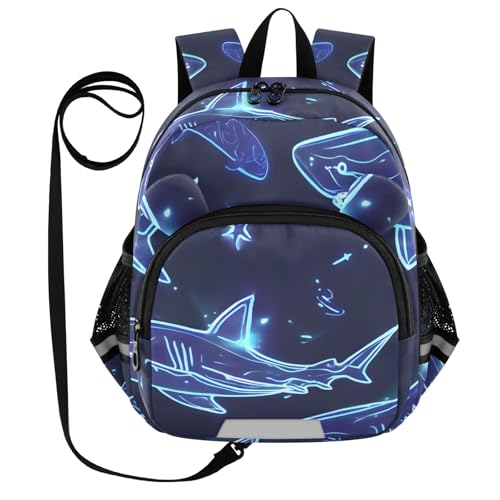 Kid's Backpack for Boys & Girls Toddler Bag Blue Fluorescent Shark Pattern Backpack with Safety Leash