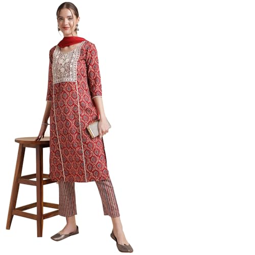 Image of NAINVISH Cotton Blend Kurti Pant & Dupatta | Kurta Set for Women | Women Kurta Pant Dupatta Set | Kurta Pant with Dupatta Set | Embroidered Kurta Pant Dupatta Set