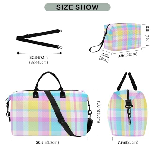 susiyo Travel Duffel Bags Easter Pastel Colored Checkered Quilted Gym Bag Weekender Overnight Bags with Small Makeup Pouch3