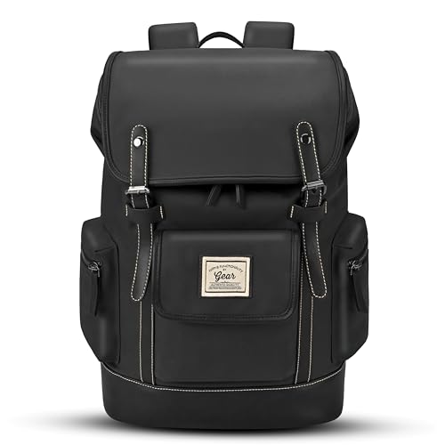 Image of Gear Classic 16.5 inch /21L Medium Water Resistant Faux Leather Anti Theft Knapsack | Laptop Bag | Casual Bag | Travel Bag for Men /Women (Black - Black)
