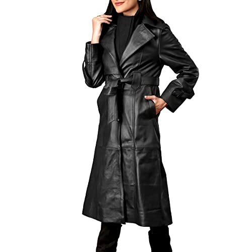Women's Fine Grain Leather Trench Coat - Ladies Black Lambskin Long Leather Over Coat with Belt3