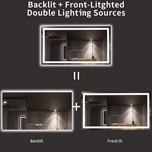 Image of LOAAO 72X40 LED Bathroom Mirror with Lights, Anti-Fog, Dimmable, Backlit + Front Lit, Lighted Bathroom Vanity Mirror for Wall, Memory Function, Tempered Glass, ETL Listed