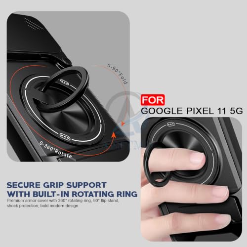 Image of AESTMO Google Pixel 11 Back Cover | Armor Camera Slider 360 Degree Rotating Finger Ring Holder Case with Bracket Stand Back Case Cover (Compatible with MagSafe Accessories) (Black)