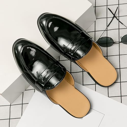 Men's Patent Leather Low Heel Mules Fashion Round Toe Backless Slip-On Flat Penny Male Loafers for Business Work Dress Mules Slippers3