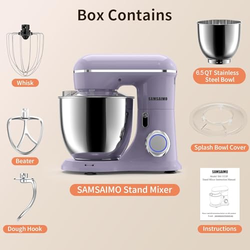 3-IN-1 Electric Stand Mixer, 660W 10-Speed With Pulse Button, Attachments include 6.5QT Bowl, Dough Hook, Beater, Whisk for Most Home Cooks, Vine Purple