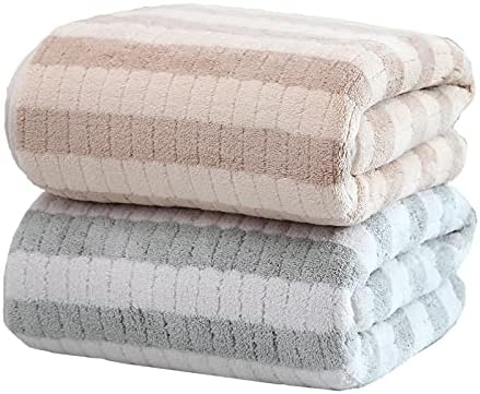 UZHZ Bath Towel 2-Pack Bath Towel Fluffy,Coral Velvet,Soft, Water-Absorbent, Quick-Drying, Striped Towel Set (Gray X1/Brown X1)