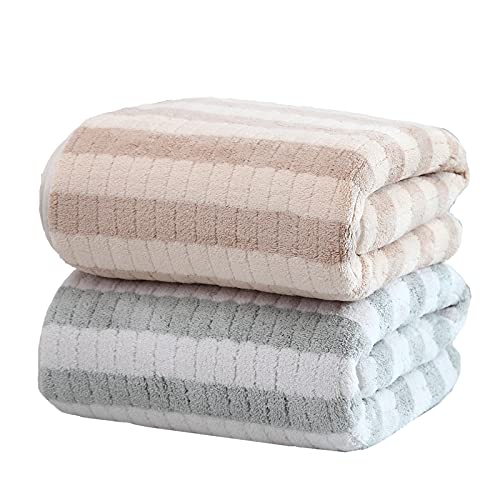 Uzhz Bath Towel 2-Pack Bath Towel Fluffy,Coral Velvet,Soft, Water-Absorbent, Quick-Drying, Striped Towel Set (Gray X1/Brown X1) #TOP15