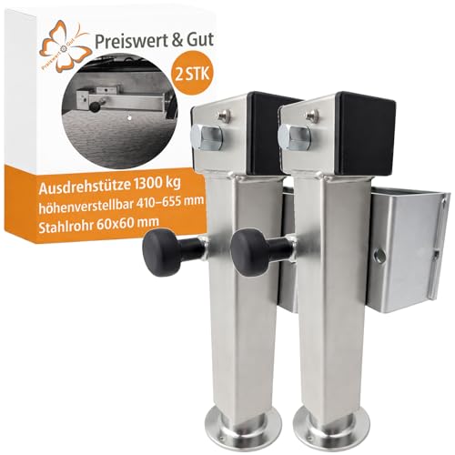 Preiswert & Gut 2X Anhänger Stützen Höhenverstellbar 410655mm - Anhängerstütze Stahlrohr 60x60mm kippbar Ausdrehstütze bis 1300kg pro Stück SF60 D42 SW19 Eigengewicht 7 7 kg