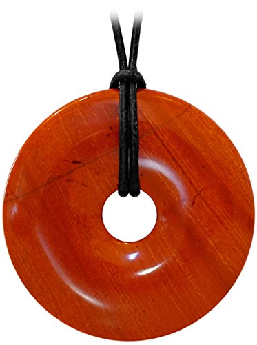 Kaltner Präsente - Cadena de piel para hombre y mujer con colgante de donut de piedra preciosa jaspe rojo (diámetro de 40 mm)