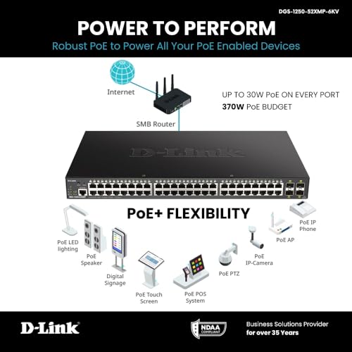 Image of D-Link 52-Port Gigabit Smart Managed PoE+ Switch | 48 PoE+ Ports (370W) + 4 10G SFP+ Ports| L2+ /L3 Lite |VLANs |Web Managed |Surveillance Mode | Rackmount | NDAA Compliant (DGS-1250-52XMP-6KV)