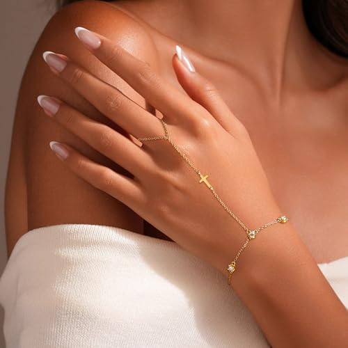 14K Gold Plated Dainty Cross Hand Link Chain for Women S925 Sterling Silver Cross Pendant Bracelet Ring for Mom Daughter Trendy Jewelry Christmas Easter Teacher Bracelet2