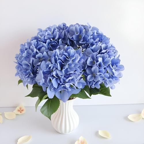5Pcs Realistic Blue Hydrangea Artificial Flowers with Stems 21 Inch Lifelike Faux Hydrangeas Flower Large Hydrangea for Weddings Bouquets Table Centerpieces Home Decor Party