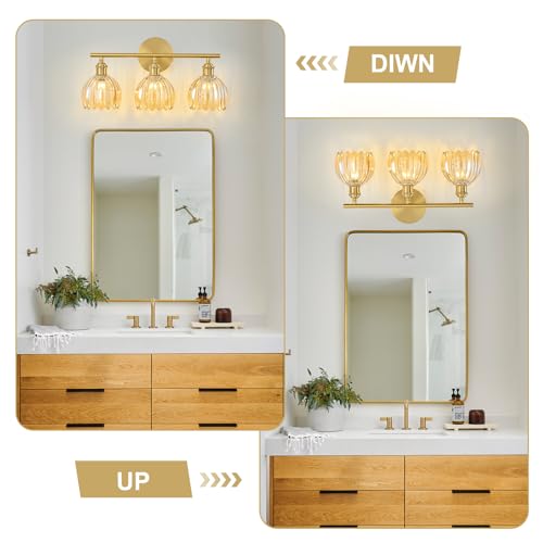 Image of Gold Bathroom Light Fixtures Over Mirror, 3 Light Bathroom Vanity Light with Tulip Amber Glass Lampshade, Vintage Vanity Lights for Bathroom, Bathroom Vanity Lights Over Mirror