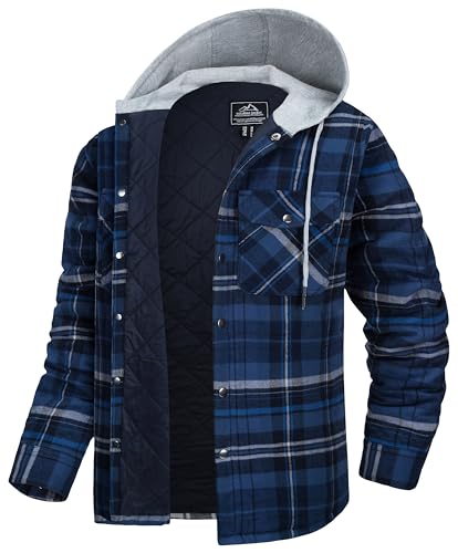MAGCOMSEN Men's Quilted Lined Flannel Hoodie Jacket Cotton Button Down Shirt Jacket Long Sleeve Plaid Shirt Shacket