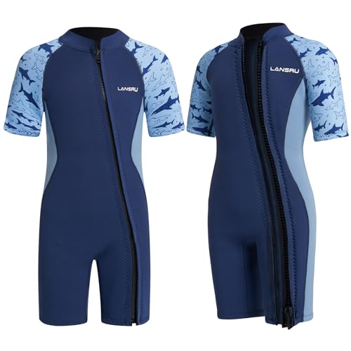 Lansru Traje de Neopreno para niños – 2,5 mm de Neopreno Corto con Material SCR Mejorado, Cremallera Completa pionera y protección UV Traje térmico para Surf, natación y Buceo