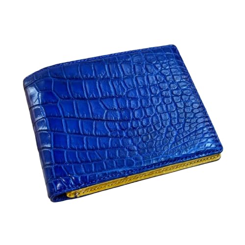 Image of HATA Blue Yellow Bifold Leather Wallet for Men, Exotic Double-Sided Leather Wallet with RFID Blocking, Slim Credit Card Holder, Handmade Gift for Birthday, Anniversary, Father's Day HDV774