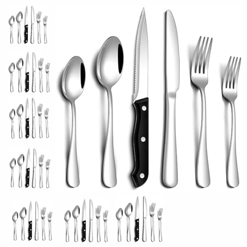 Reviews de Juegos de cubertería los más solicitados. 49 Juego de Cubiertos de Plata de 48 Piezas con Cuchillo Afilado para Carne - Cubiertos de Acero Inoxidable Duro con Cucharas/Tenedores/Cuchillo de Cena Pulidos Como Espejo para...