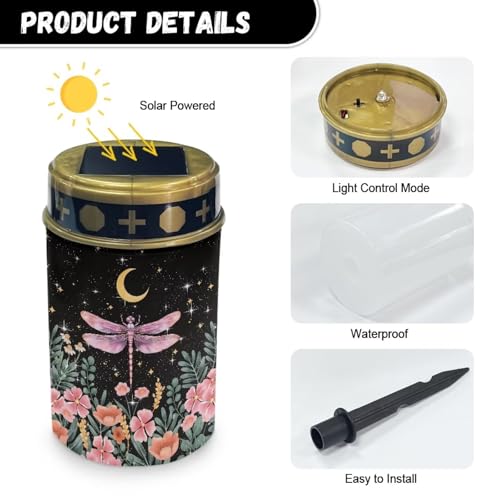 Image of Poceacles Solar Lights Outdoor Cemetery Grave Decor - Solar Memorial Lights, Pink Dragonfly Flower Moon
