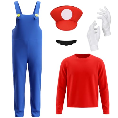 BSBUY Adult Super Plumber Costumes 5 Pack Brothers Workman Cosplay Costume Kits with T-shirt Overalls Hats Cap Mustaches Gloves 1980s Videogame Bros Fancy Dress Outfit for Halloween Carnival(Red)