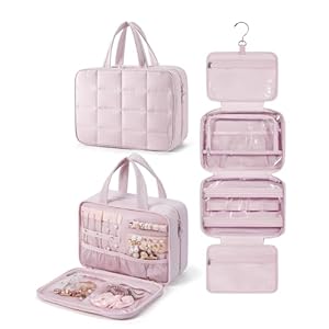 BAGSMART Travel Toiletry Bag with Jewelry Organizer, Hanging Travel Bag for Toiletries, Puffy Makeup Cosmetic Bag Organizer, Carry-on Travel Accessories Essentials, Pink-M