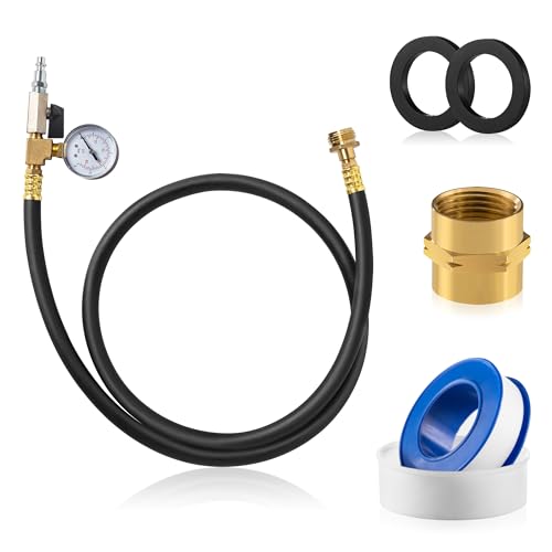 Winterize Sprinkler Blowout Adapter 60 RV Winterizing Kit with integrated Pressure Gauge Shut Off Valve 1/4 Plug Air Compressor 3/4 GHT Connect for Motorhome Boat Camper Travel Trailer (black)
