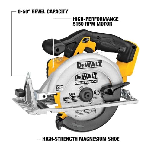 DEWALT 20V MAX Circular Saw, 6-1/2-Inch Blade, 460 MWO Engine, 0-50 Degree Bevel Capability, Bare Tool Only (DCS391B)