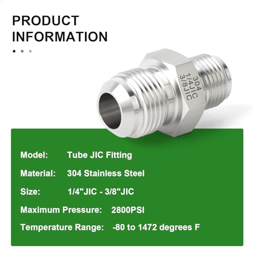 Image of TAISHER 2PCS Forging of 304 Stainless Steel JIC Flare Tube Fitting, 3 /8 inch JIC Male x 1 /4 inch JIC Male, Union