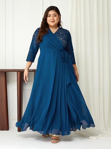 Image of Miss Chase A+ Women's Floral Printed Relaxed Fit V -Neck 3 /4Th Sleeve Georgette Maxi Dress
