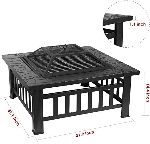 femor 32'' Fire Pit Table Outdoor, Multifunctional Patio Backyard Garden Fireplace Heater/BBQ/Ice Pit, Square Stove with Barbecue Grill Shelf and Waterproof Cover - Thumbnail 7
