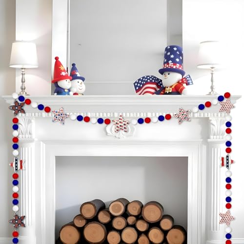 Image of 4th of July Garland, 8.2ft Felt Patriotic USA Garland for Mantle Red White Blue Patriotic Star Banner Decor for Independence Day Halloween Party