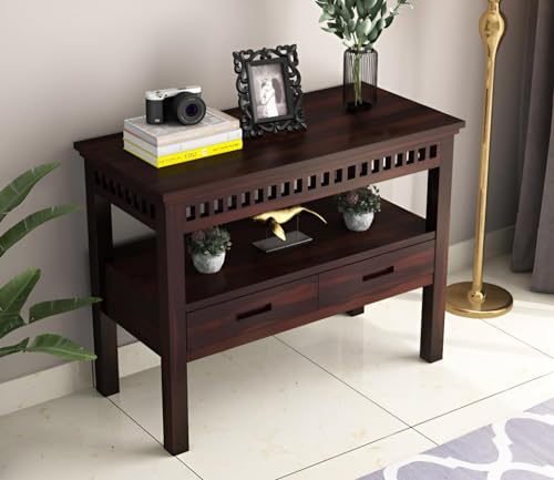 Image of Sheesham Wood Console Table for Living Room | Solid Wood Entryway Hallway Sofa & Fish Tank Table with 2 Drawers & Shelf Storage | Rosewood Walnut Finish