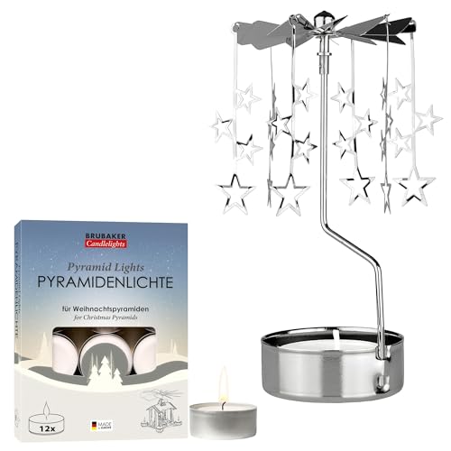 BRUBAKER Teelichtkarussell Silber inkl. 12er Pack Pyramiden Teelichter...