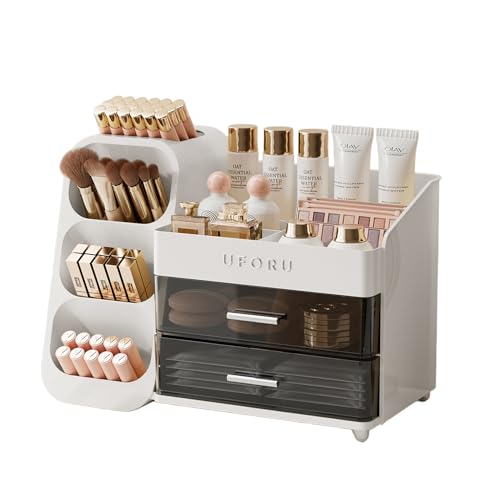 UFORU Makeup Organizer for Vanity, Countertop Organizer With Drawers, Spacious Cosmetic Display Case for Beauty Essential, Skincare, Lipstick, White