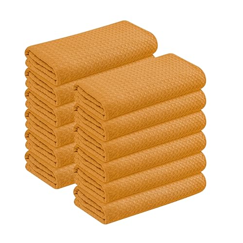 Image of Yellow Waffle Kitchen Dish Towels, 100% Cotton, Quick Dry, Super Absorbent, Soft, 16x26 Inches - Ideal for Dish Drying, Bar, Tea, Cleaning, and Everyday Use, 12 Pack, Mustard Yellow