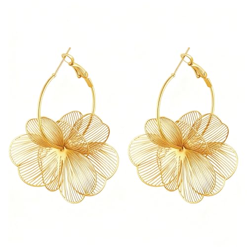 XFSRG Pendientes de Aro Flor Hueca 14K Dorados Diseño Retro con Brillo Metálico Sutil Accesorio Chic para Ocasiones Especiales