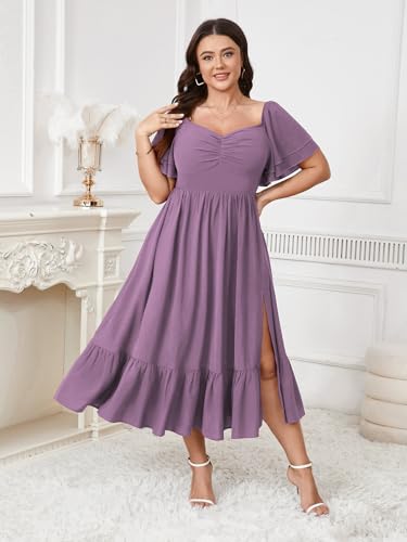 Image of SCOMCHIC Womens Plus Size Wedding Guest Cocktail Dresses Sweetheart Neckline Short Sleeve Smocked Ruffle Slit Maxi Dress
